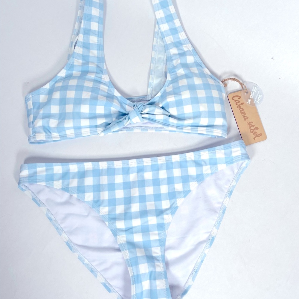 Baby Blue Checkered Plaid Tie Bikini Size Large